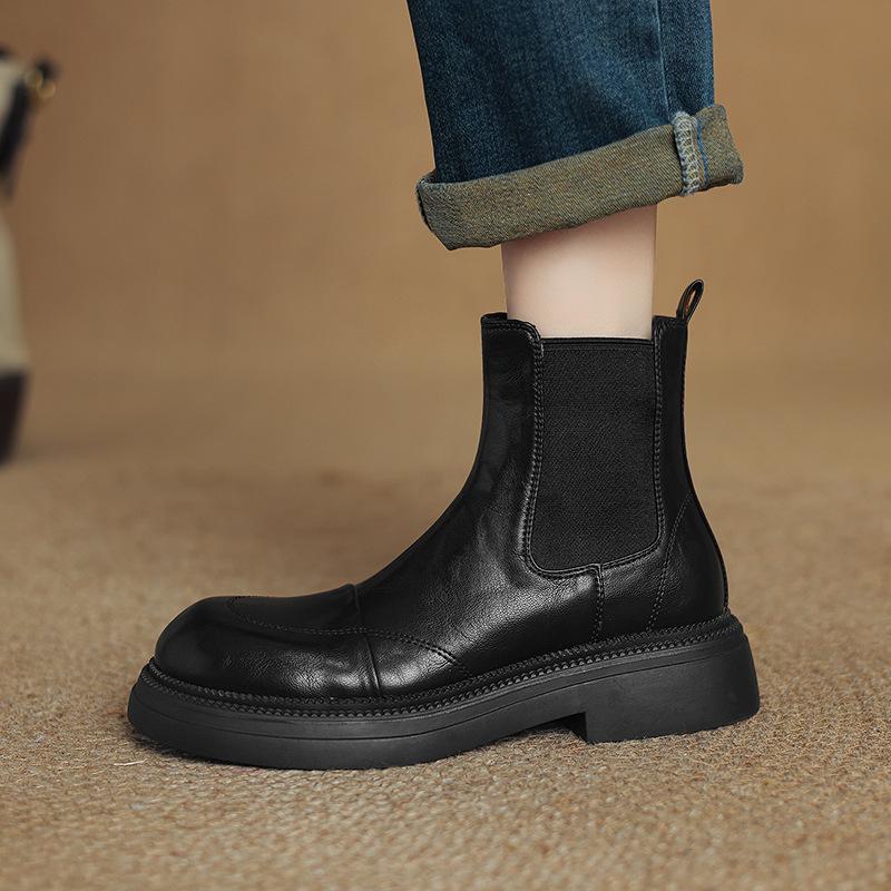 Herbst- und Winter-Dicksohlen-Rutschfeste Damen-Mittelstiefel mit niedrigem Absatz, Übergröße, Damen-Lederstiefel, Koreanische Version mit runder Spitze und Blockabsatz