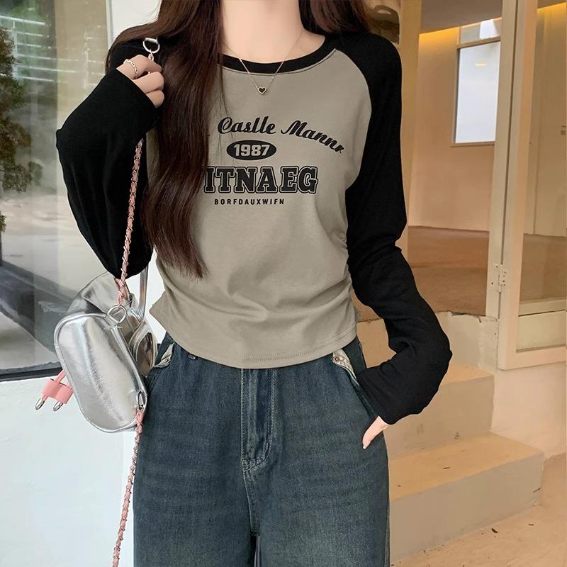 

Американская ретро контрастная цветная футболка с круглым вырезом, высокой талией и принтом, с длинным рукавом, для женщин, на раннюю осень, с кулиской на талии, короткий базовый топ XL