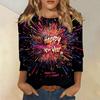 Christmas-themed Women's New Year Printed Round Neck Long-sleeved T-shirt, Festive Black and White Casual Loose Top