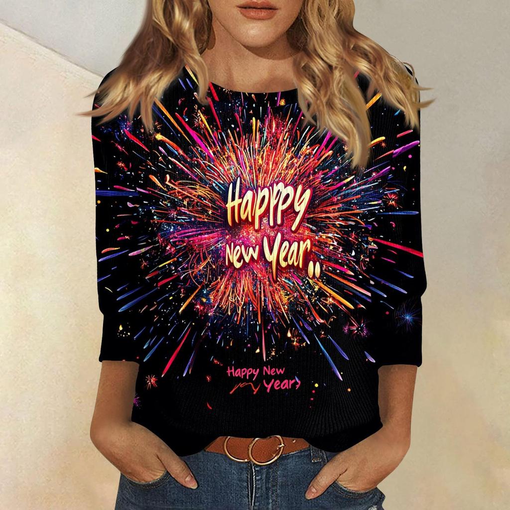 Christmas-themed Women's New Year Printed Round Neck Long-sleeved T-shirt, Festive Black and White Casual Loose Top