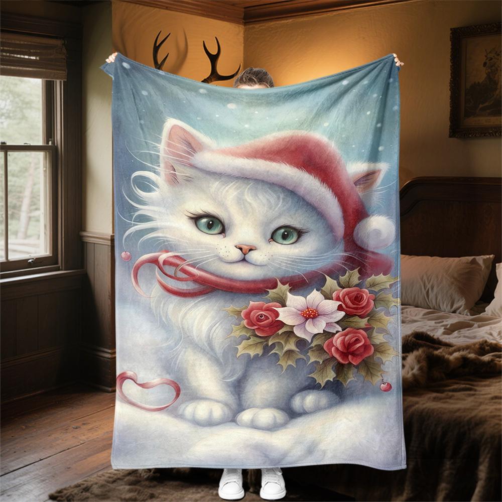 1pc Christmas Cat Theme Design Flannel Blanket - 3D Printed Soft Warm, All-Season Lightweight Throw for Camping Travel Bed-080715