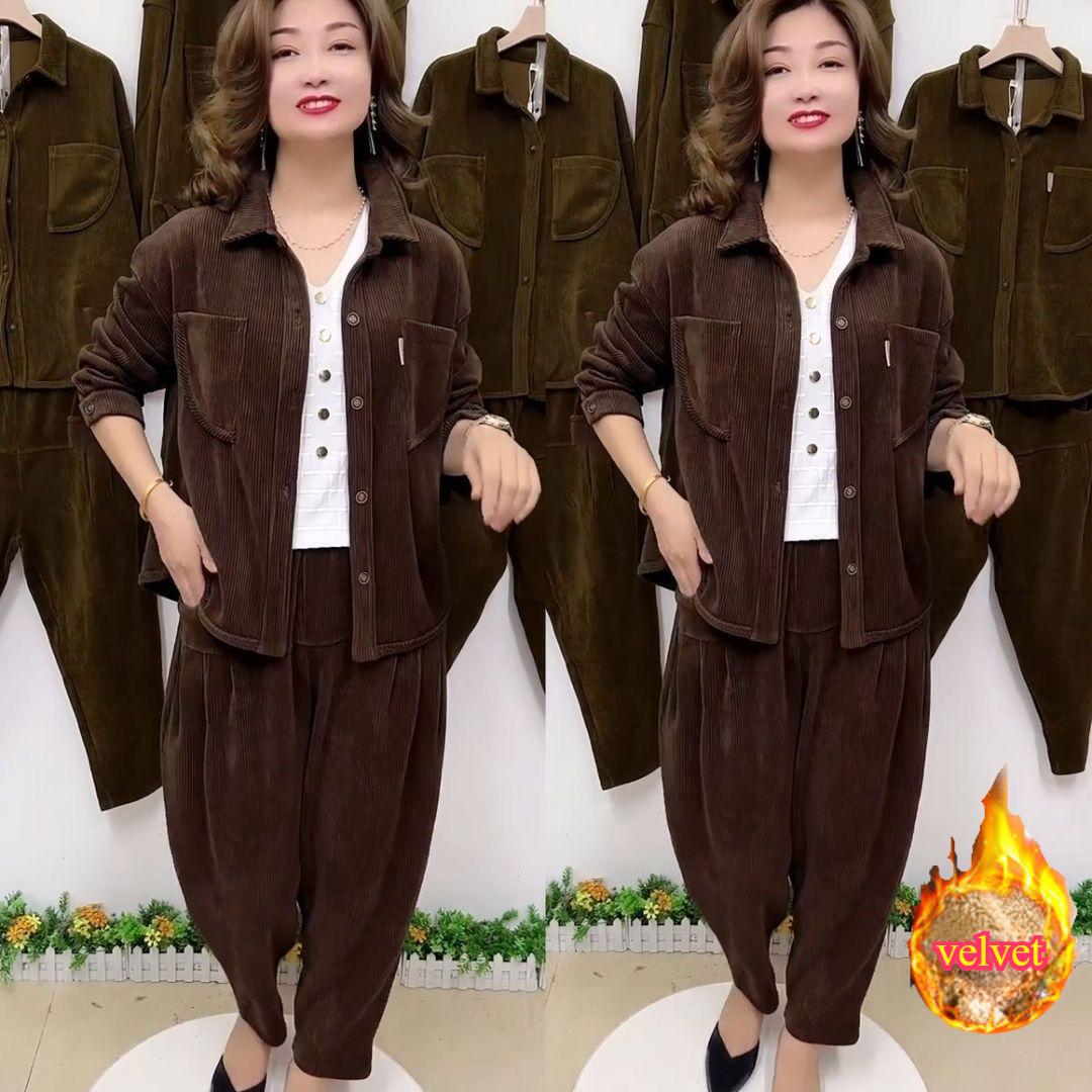 

Толстый вельветовый модный повседневный костюм женский осенне-зимний лацкан куртка с длинным рукавом брюки гаремные плюс бархатный костюм-двойка XXXXL темно-коричневого