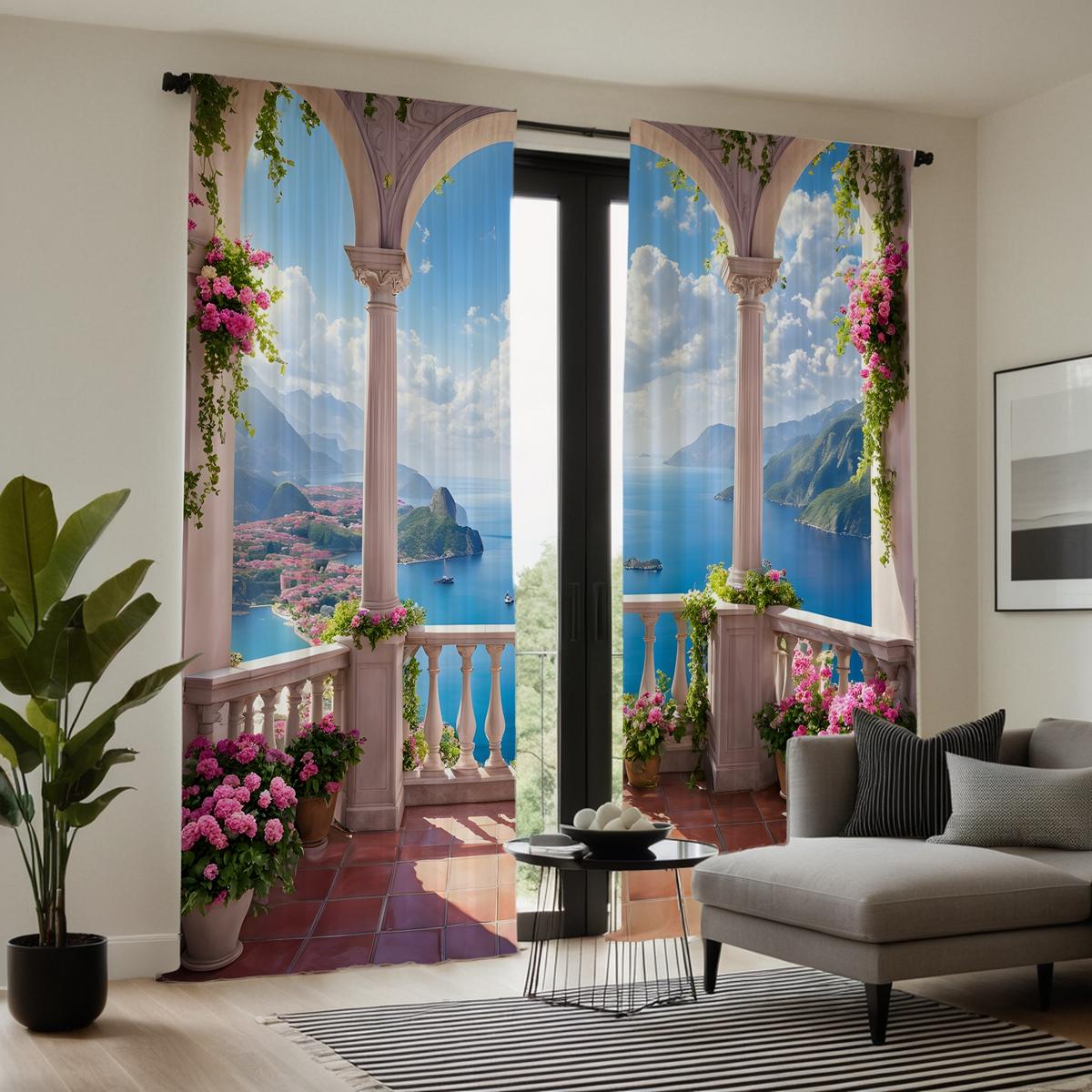 

2 шт. павильон на берегу озера Цин, синее небо, цветы, ландшафтное украшение, занавеска, синяя цифровая печать, украшение для дома W52H95inchW132H241cm