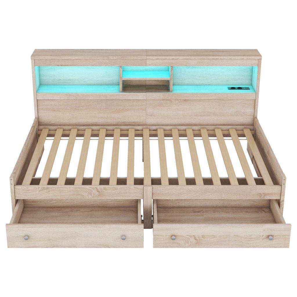 Sofa Bed Flieks 90x200 Daybed with Storage Space, Functional Bed with 2 Drawers, USB Charging Ports, Natural