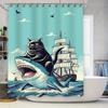 Whimsical Shower Curtain Featuring Black Cat Riding Shark Vintage Sailboat Perfect for Nautical Themed Bathrooms