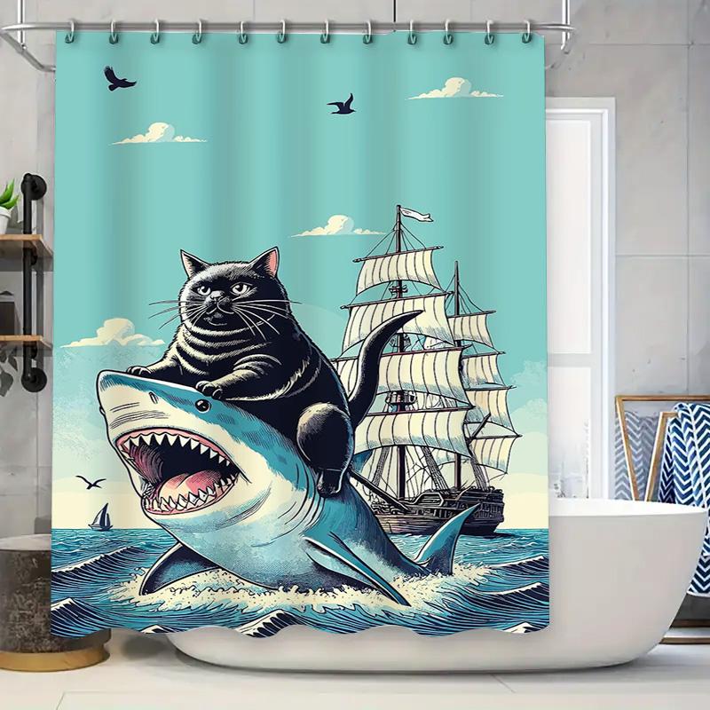 Whimsical Shower Curtain Featuring Black Cat Riding Shark Vintage Sailboat Perfect for Nautical Themed Bathrooms