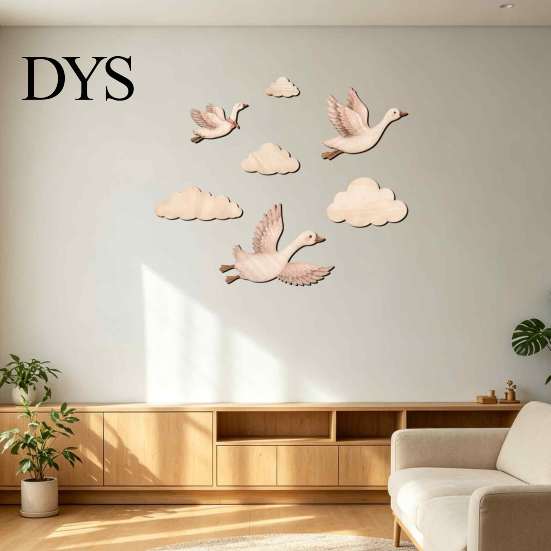 Natural Wood Cloud Decorations 7Pcs/Set Wooden Flying Goose and Wall Art Decor for Nursery, Self-Adhesive Bohemian Minimalist Home Decoration