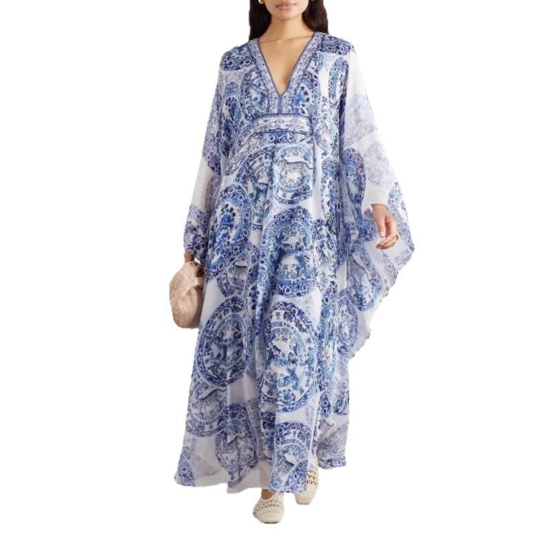 Blue White Porcelain Print Loose V-Neck Maxi Dress Women High-Waist Long Sleeve Boho Flowy