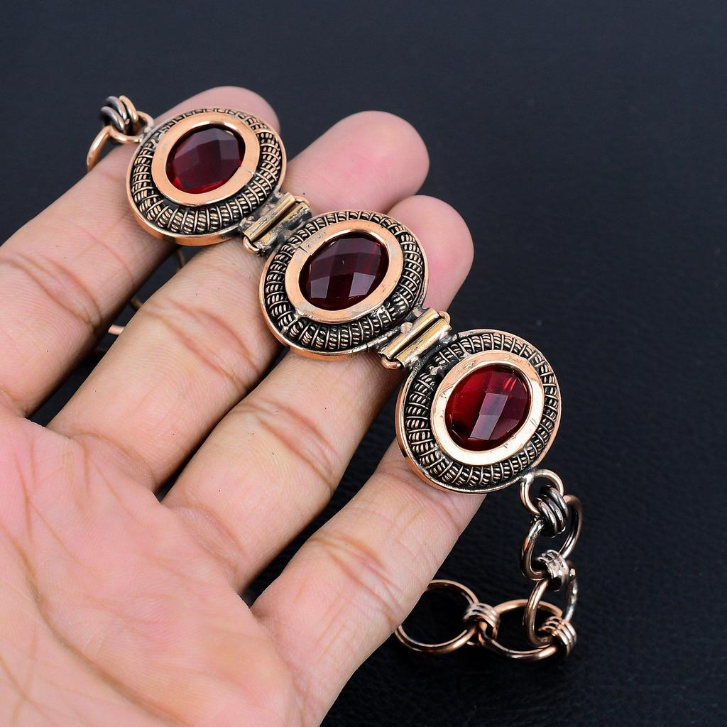 Roter Granat Armreif, Handgefertigter Schmuck Verstellbarer Armreif, 999 Kupferdraht Umwickeltes Armband, Geschenk Für Ihn Echter Edelstein Armreif