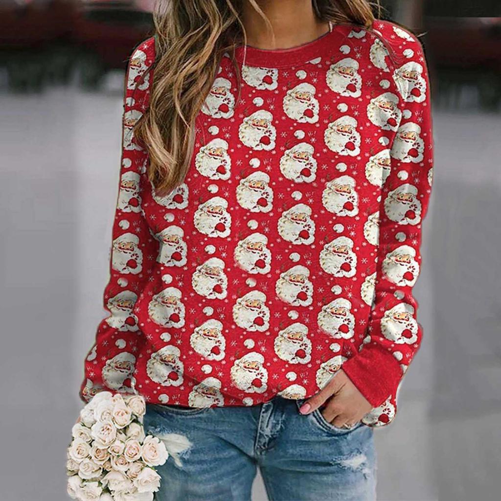 Popular European & American Women's Christmas Snowman Print Loose Long Sleeve Top