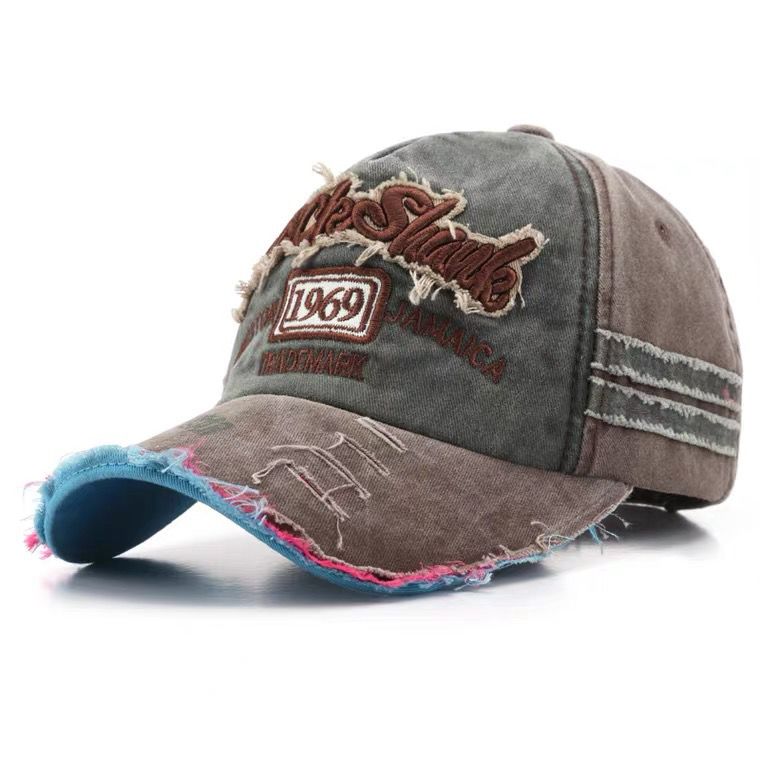 Vintage Washed Distressed Letter Embroidered Hole Baseball Cap Retro Adjustable Peaked Cap 55-59cm