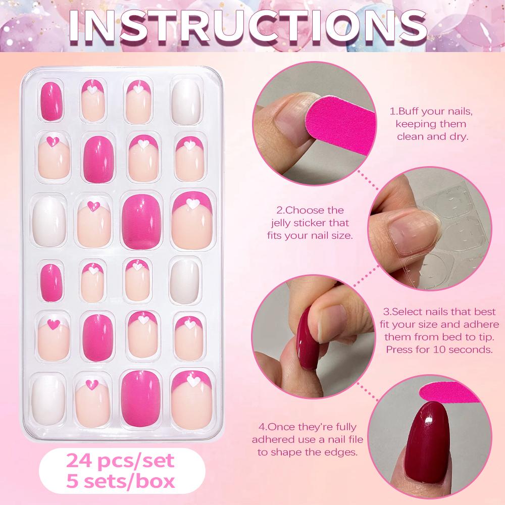 120Pcs Kids French Tip Press On Nails Short Round Pink Black Heart Flower Design Reusable False Nail Tips