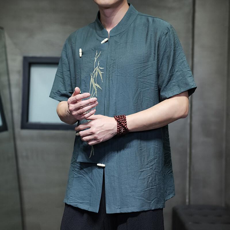 2025 Men Chinese Style Shirts Men Short Sleeve Shirt Summer Men Bamboo Leaf Shirt Men Cotton Trendy Loose Vintage Tops