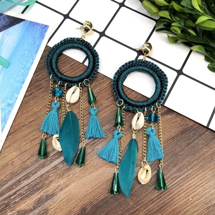 European and Korean Temperament Dream Catcher Element Earrings Female Bohemian Seaside Vacation Feathers Fringed Earrings Versatile Earrings