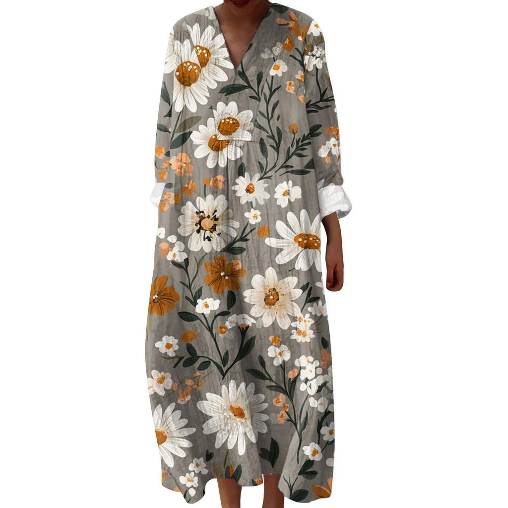Dámské ležérní a módní šaty s dlouhým rukávem s květinovým potiskem a výstřihem do V šaty s dlouhým rukávem