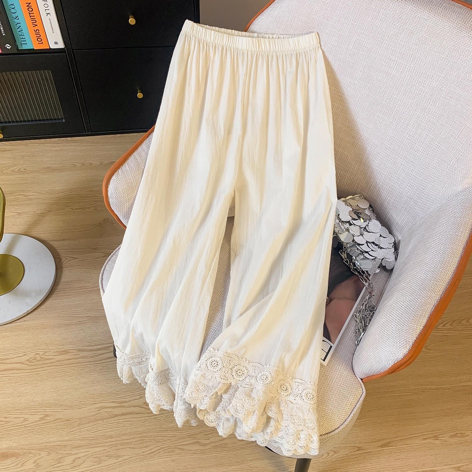 

Весна и лето 2025 новая коллекция Mori, хорошо сочетающаяся многослойная одежда, эластичная талия, легкие, мягкие, свободные повседневные кружевные брюки длиной девять точек M бежевый