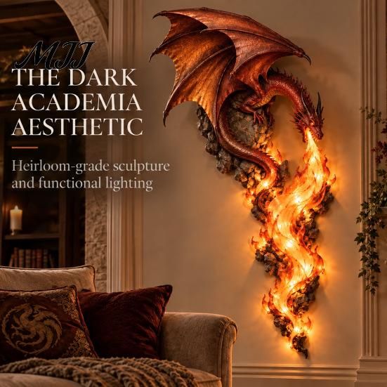 Led Night Light Dragonfire Guardian Wall Sconce, Gothic Fantasy Dragon Head Lamp, Vintage Resin Sculpture with Flame for Medieval Home Bar Decor