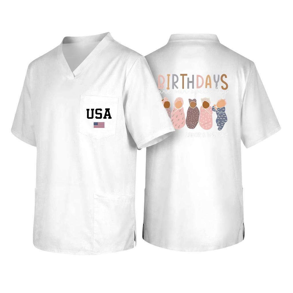 Men's Short Sleeve V-Neck Scrub Top with Pocket - Labor Day Fun Print - Uniform Tunic