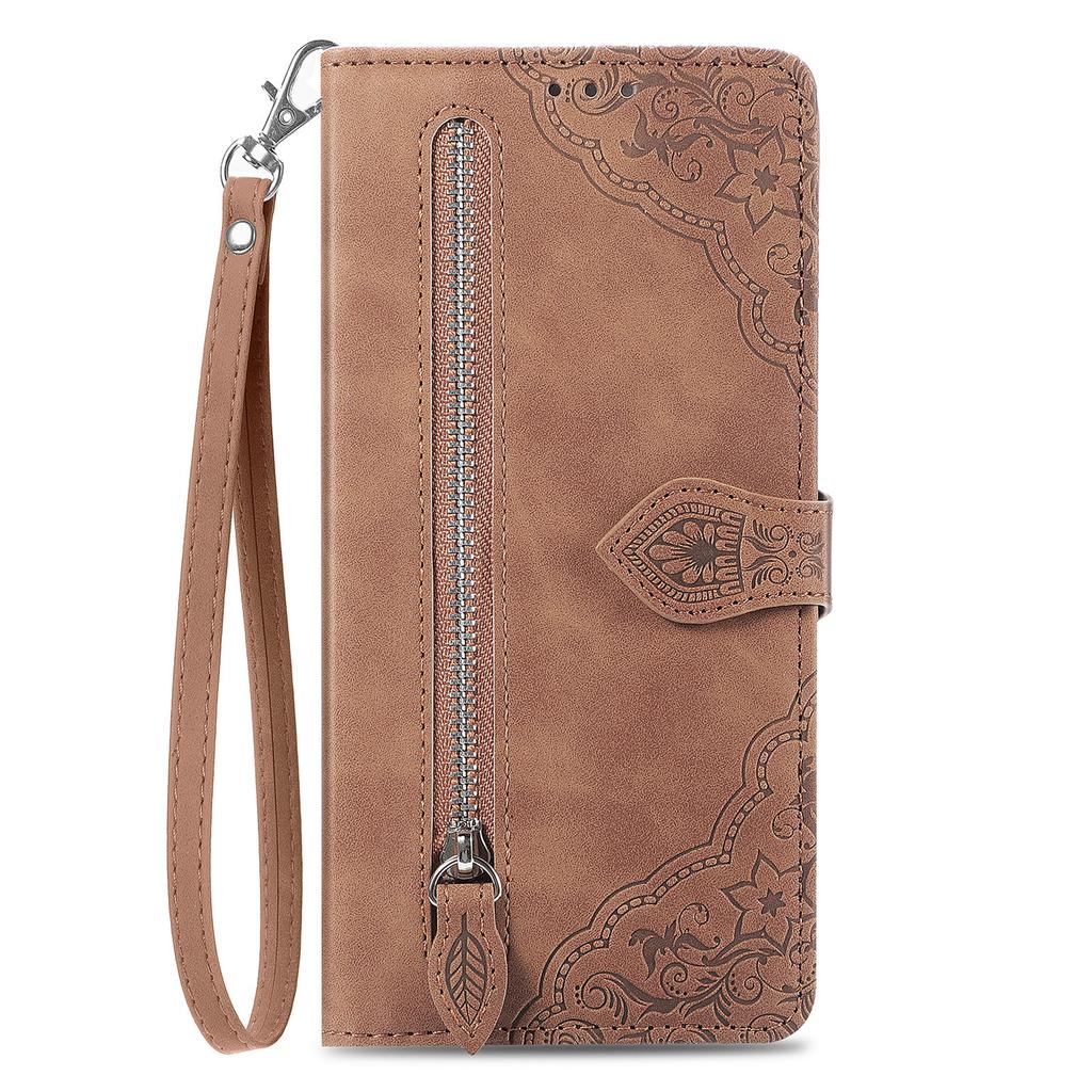 For Realme 14 Pro 5G Zipper Wallet Case with Strap Flower Imprint PU Leather Phone Cover