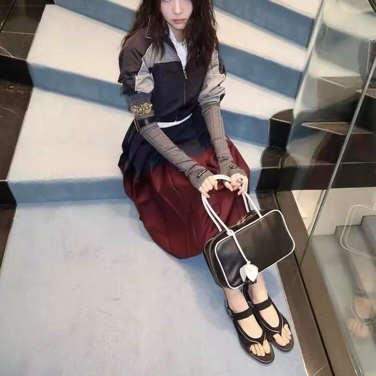 Sheepskin version~ One-word with toe sandals women's color matching open-toed leather casual flat bottom comfortable sports Mary Jane