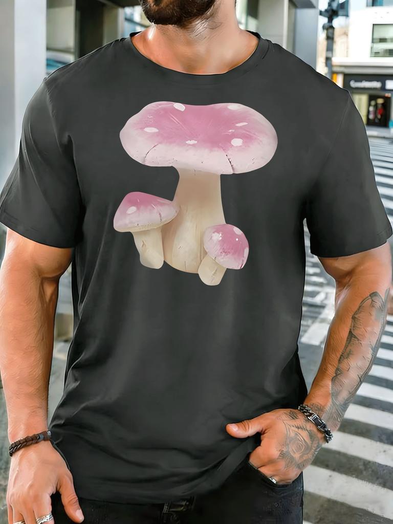 Pink Spotted Mushroom Nature Art Unisexs Print T Shirt Cute Fungi Graphic Tee Casual Short Sleeve Top Botanical Nature Lover Gift