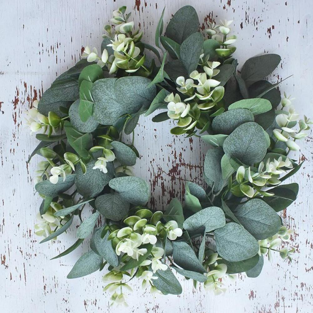 Creating Festive Atmosphere 33cm Artificial Wreath Lifelike Flowers Green Eucalyptus Wreath Leaves Wreath for Front Door Wall