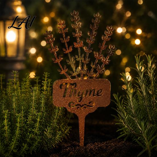 Gartendeko für Innenhöfe Rasenflächen Metallpflanzenstab Rostiges Rosmarinetikett Dekorative Kräuteretiketten Outdoor Thymian-Markierer Hofkräuter Hochbeet Pflanzgefäß