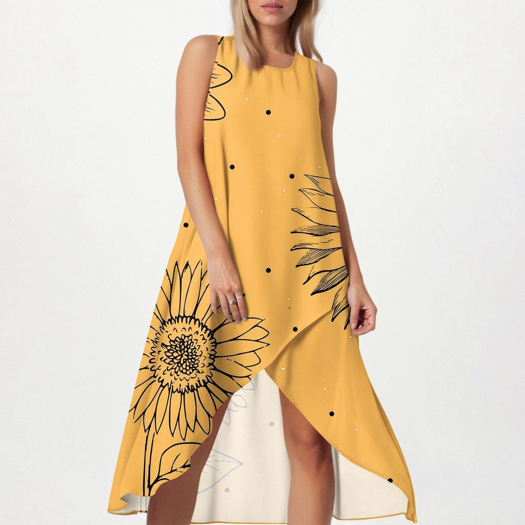 Women's Loose Casual Fashion Square Round Neck Solid Color Dress Beach Skirt Slit Side Sleeveless Cotton And Linen Skirt