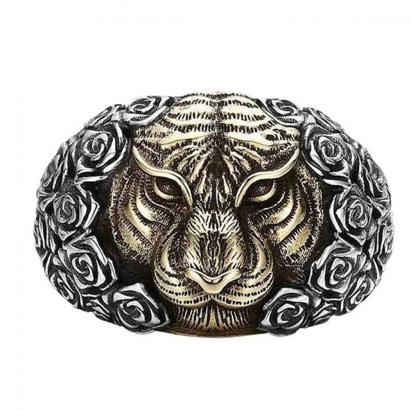 Mens Adjustable Open Ring With Bold Tiger Head Design Sterling Punk Rock Statement Finger Fashion Forward