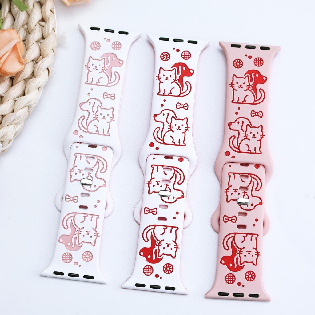 Silicone Watch Strap for Apple Watch S10/S987654 with Cat & Dog Pattern