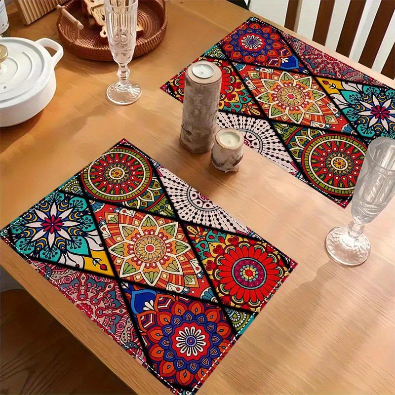 2/4 Pezzi Runner da Tavola Mandala Bohemien 12x18 Pollici Rettangolari in Poliestere con Motivi Geometrici Tradizionali Messicani, Lavabili in Lavatrice per Interni