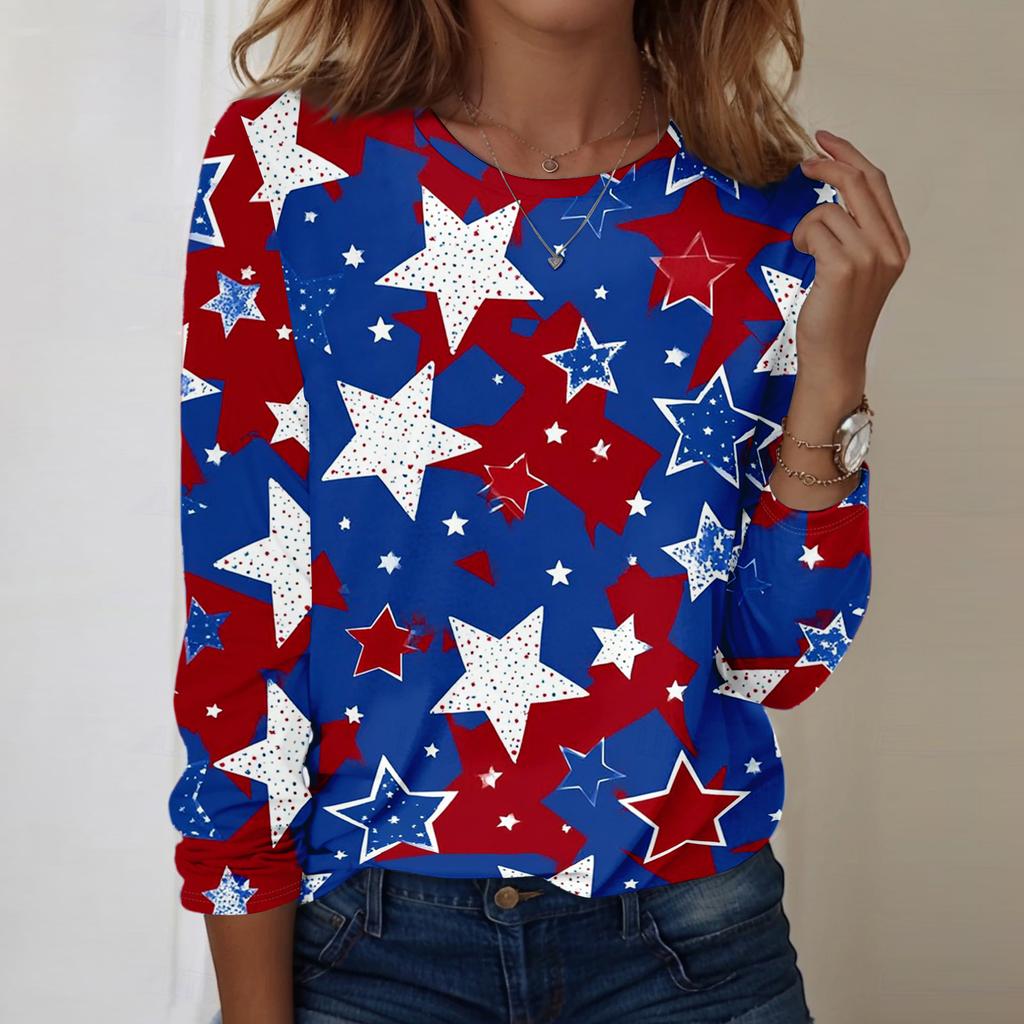 Women's Fashionable Casual Long-Sleeved Independence Day Print Neck Top