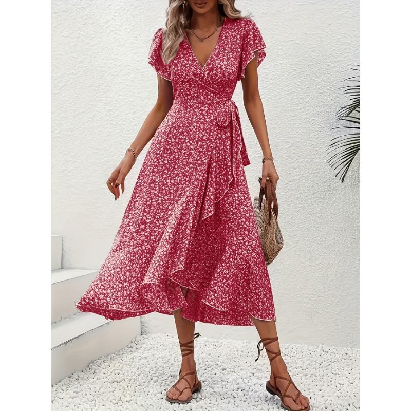 Women Summer New V-Neck Cardigan Tie Short Sleeve Bohemian Swing Vacation Dress
