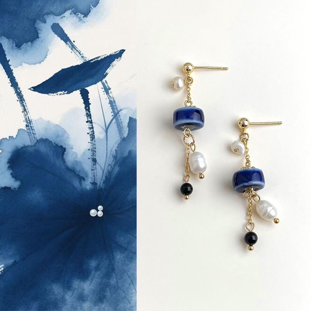 Handmade Blue Ceramic & Freshwater Pearl Tassel Earrings - Vintage Ethnic Style Jewelry for Women