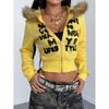 Sweat à capuche oversize court pour femme avec bordure marron pelucheuse Streetwear Pull