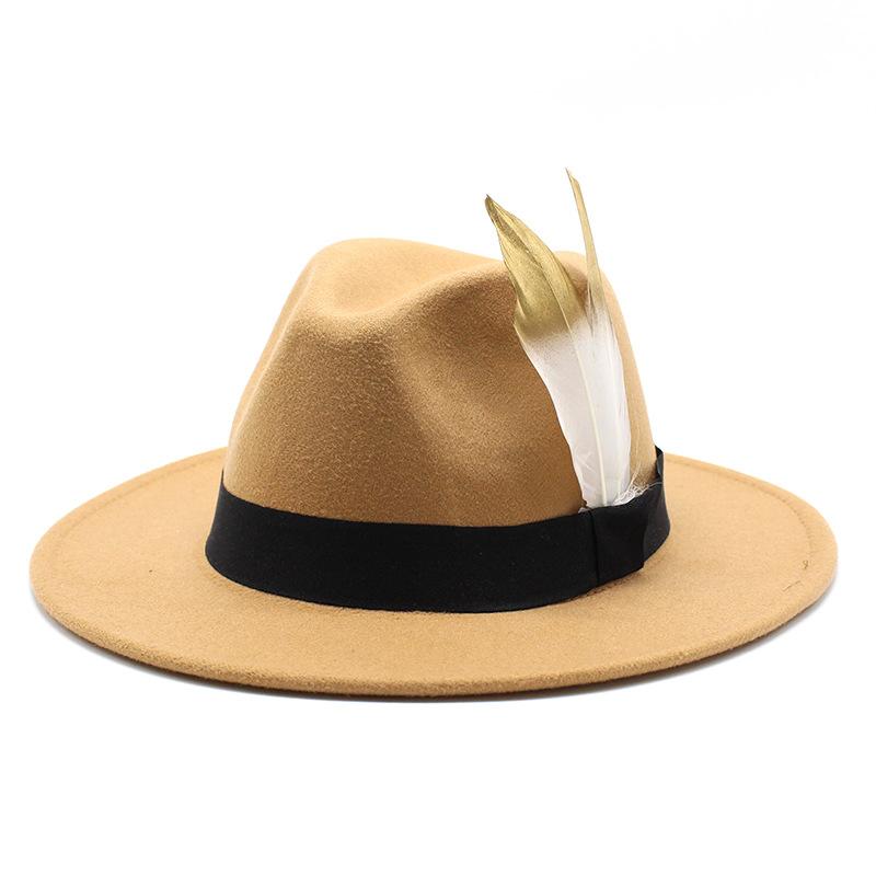 Trendy Wide-Brimmed Hat Woolen Top Hat Versatile Feather Flat Edge Jazz Hat British Style