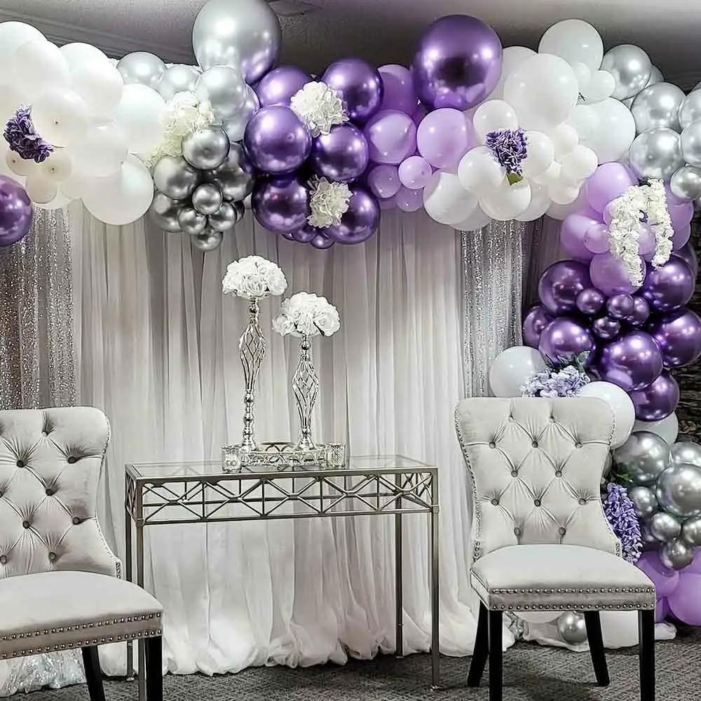 1set Purple Silver White Balloon Arch Kit Metallic Purple Sliver Balloons Garland For Wedding Engagement Birthday Party Decor