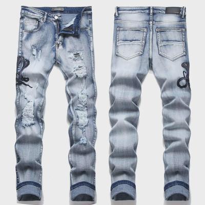 European Street Style Blue Cobra Embroidery Slim-Fit Men's Jeans
