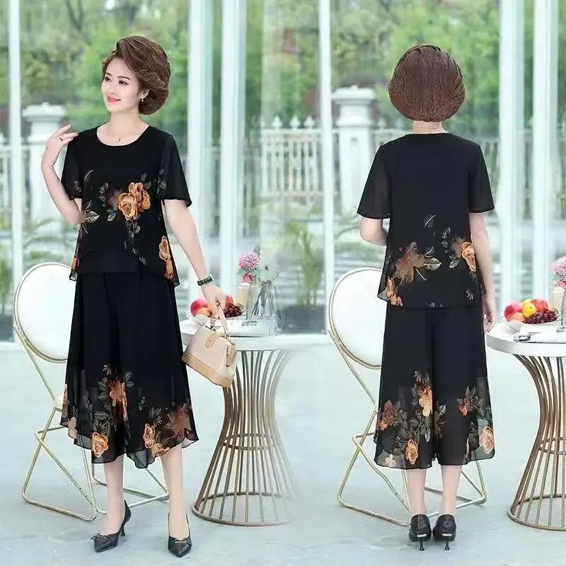 

Плюс размер модный летний шифоновый топ с принтом для мамы, юбка, брюки, костюм с короткими рукавами для женщин среднего и пожилого возраста, комплекты из двух предметов XXXXL