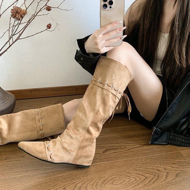 "Wasteland Spice Girls" Inner Heightening Western Cowboy Boots Women's Autumn and Winter Pile Boots Lace-up Skinny Knee Boots