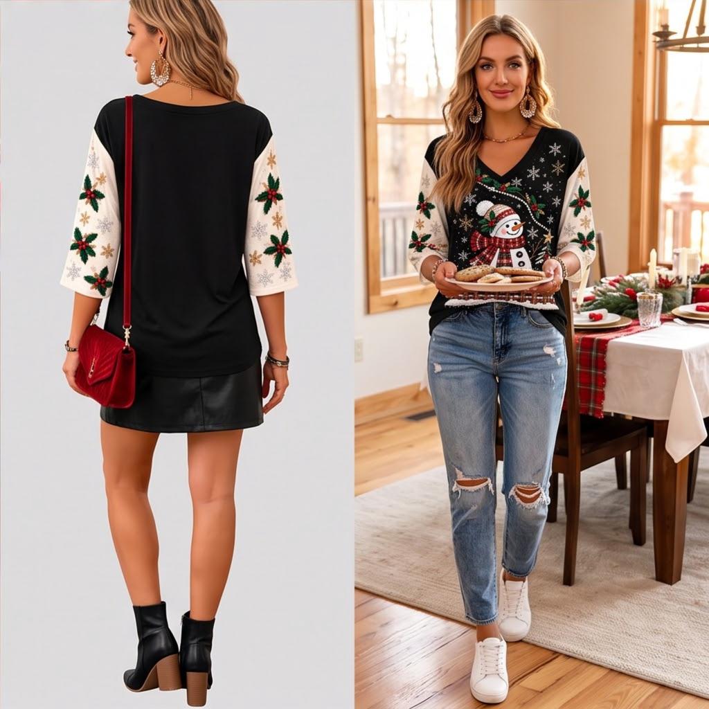 Women's V-Neck Drop Shoulder Christmas Print Top, Lightweight Spring Summer Shirt