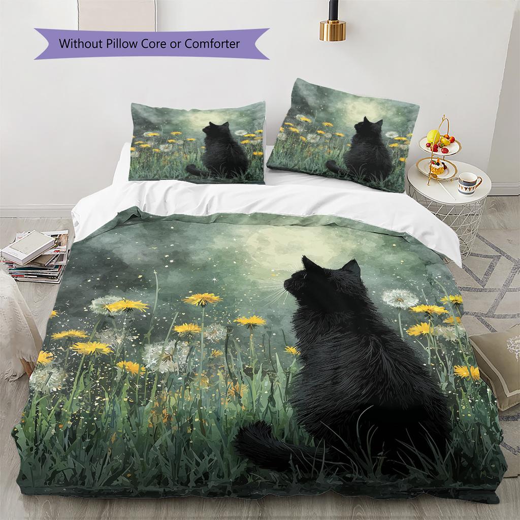 Black Cat at Night Pattern Bedding Quilt Set  Home Decoration  Gift (1 * duvet cover + 2 * pillowcase  without core)
