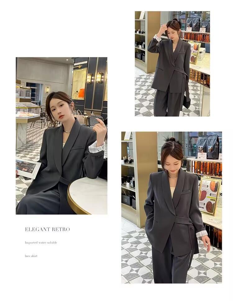 Women's Spring & Autumn Loose Fit Blazer and Wide-Leg Pants Set