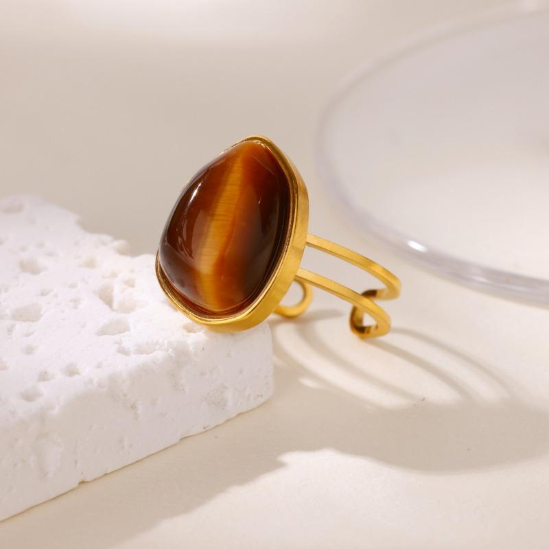 Stylish and Simple Tiger's Eye Stone Opening Adjustable Ring Retro Temperament Stainless Steel Gold-plated Jewelry Ring Versatile Woman