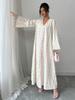 Elegant V-neck Middle Eastern Embroidered Lace Long-sleeved Muslim Robe Dress