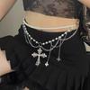 Adjustable Y2K Silver Waist Chain Zinc Zinc Alloy Crystal Tassel Waistband Cross Black Chain Belt  Waist Seal