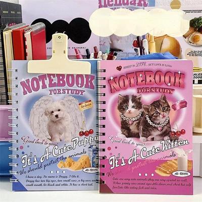 Vintage Notebook Cute Cartoon Cat Puppy Coil Notepad Kawaii Student Scrapbook Horizontal Line Big Journal Back To School