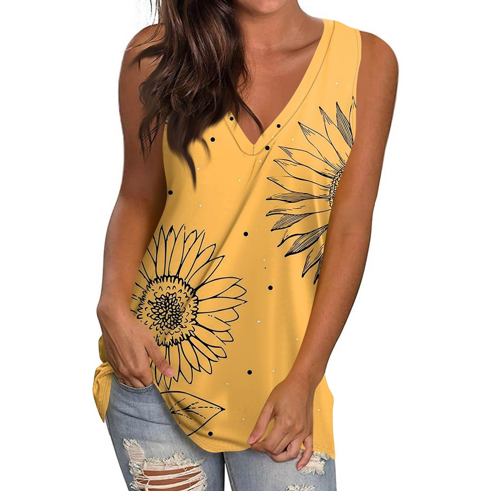 

Женская повседневная мода V-образный вырез без рукавов пуловер топ принтованный жилет футболка XL жёлтый