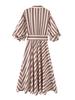 European & American Style Women's V-Neck Striped Midi Dress with Belt, Spring 2026 New Arrivals.