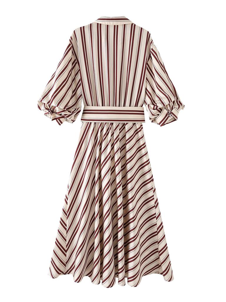 European & American Style Women's V-Neck Striped Midi Dress with Belt, Spring 2026 New Arrivals.